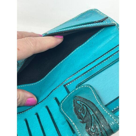 Western Hand Tooled Sustainable Leather Turquoise Teal Blue Green Long Wallet - Picture 3 of 8
